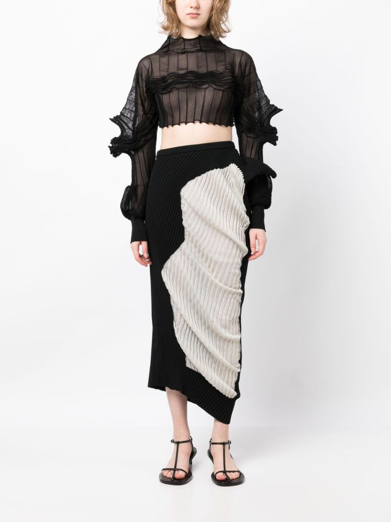 Black Draped Ribbed Knit Skirt