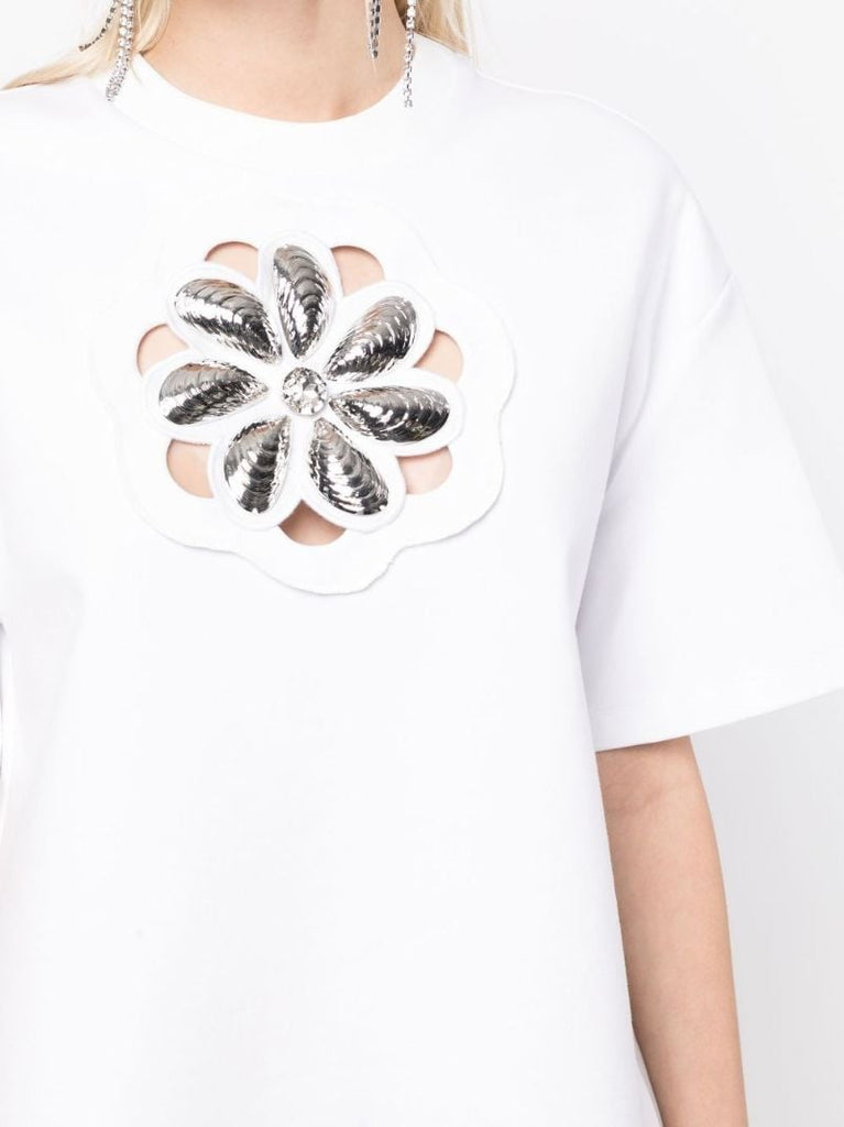 White Flower Embellished Cut-out T-shirt