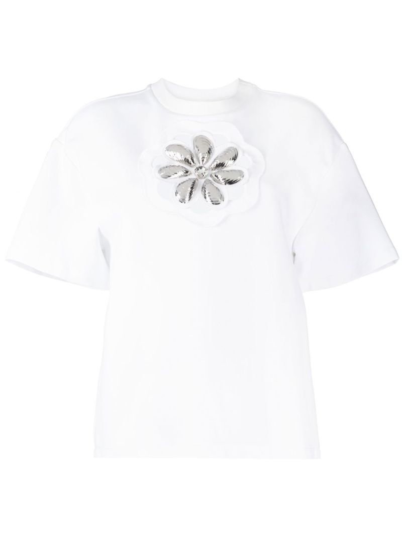White Flower Embellished Cut-out T-shirt