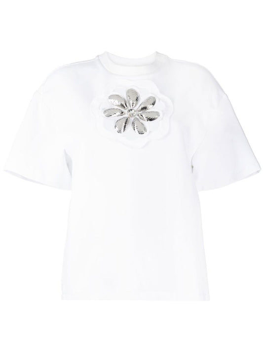 White Flower Embellished Cut-out T-shirt
