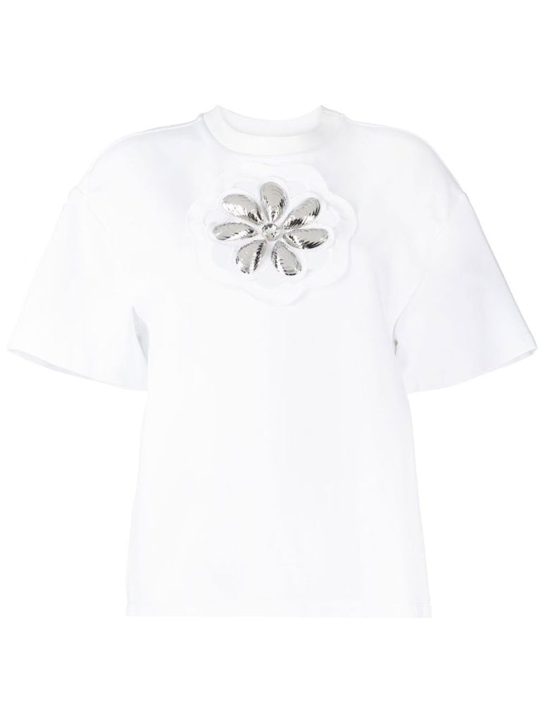White Flower Embellished Cut-out T-shirt
