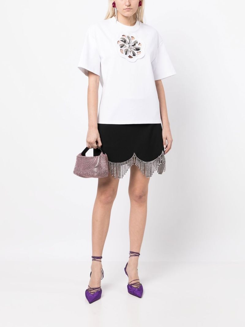 White Flower Embellished Cut-out T-shirt