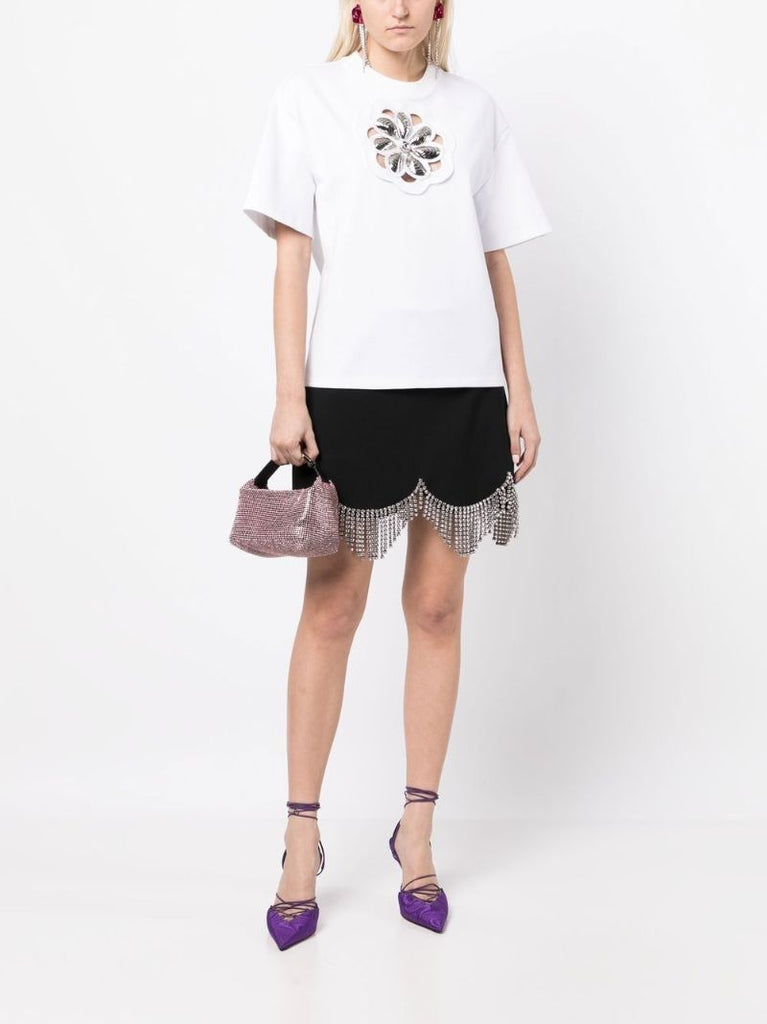 White Flower Embellished Cut-out T-shirt