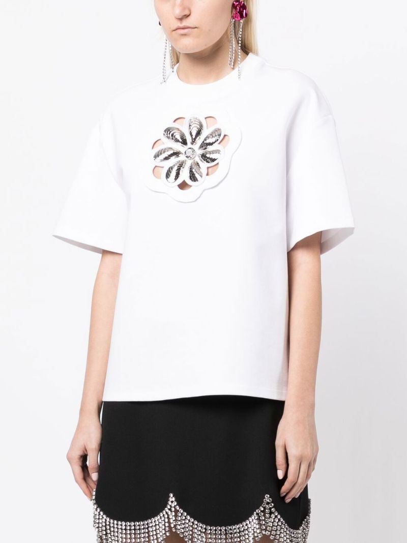 White Flower Embellished Cut-out T-shirt