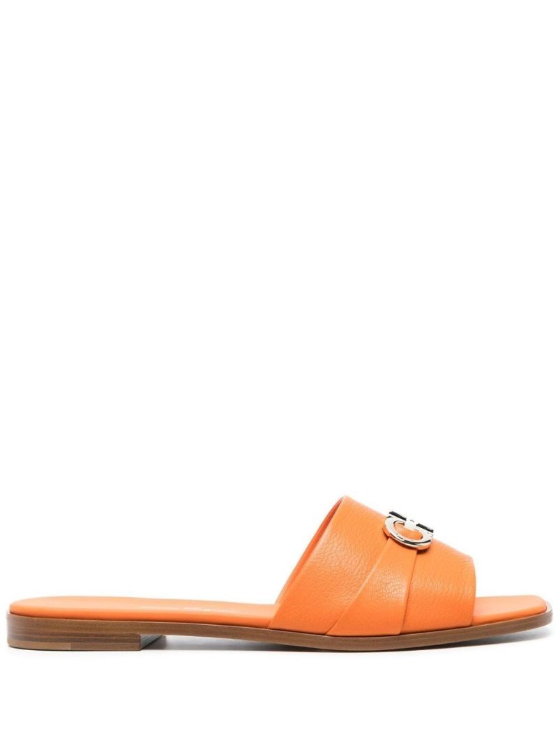 Orange Gancini Plaque Leather Slip-on Sandals