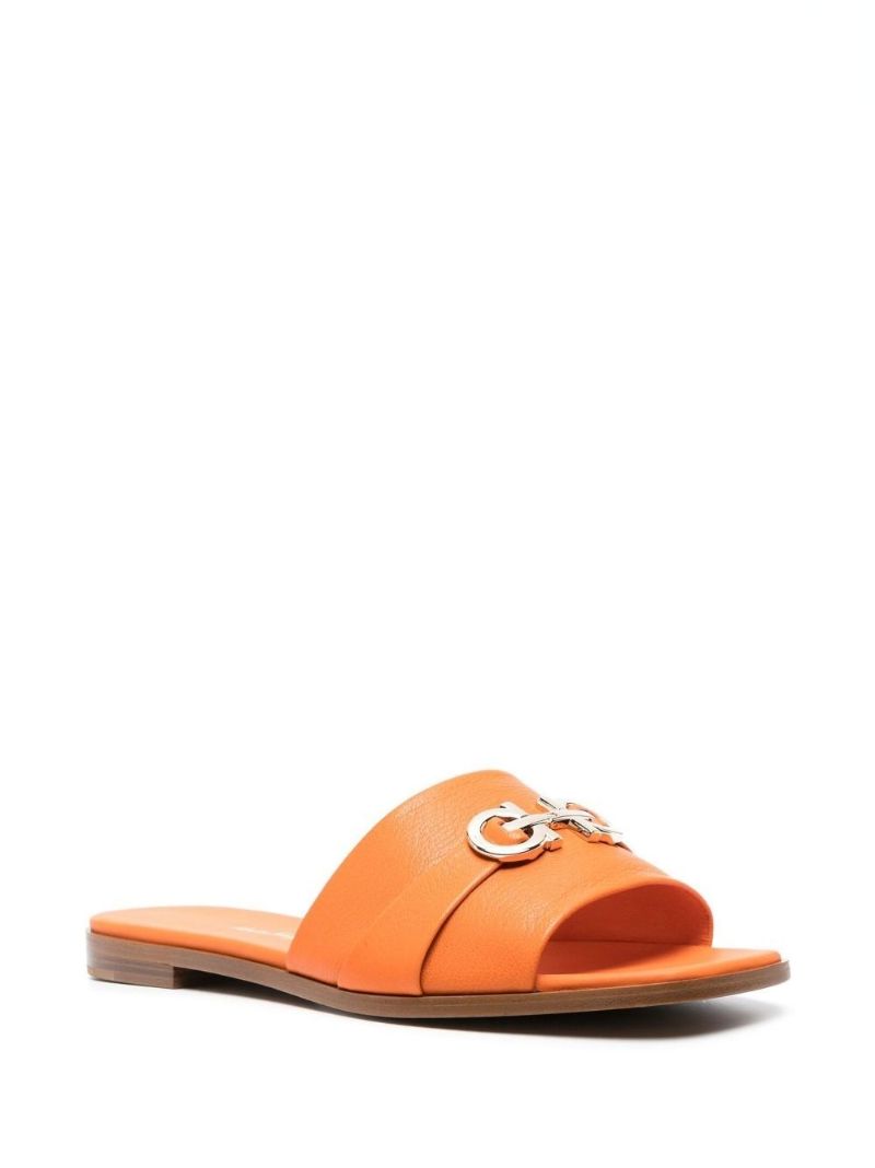 Orange Gancini Plaque Leather Slip-on Sandals