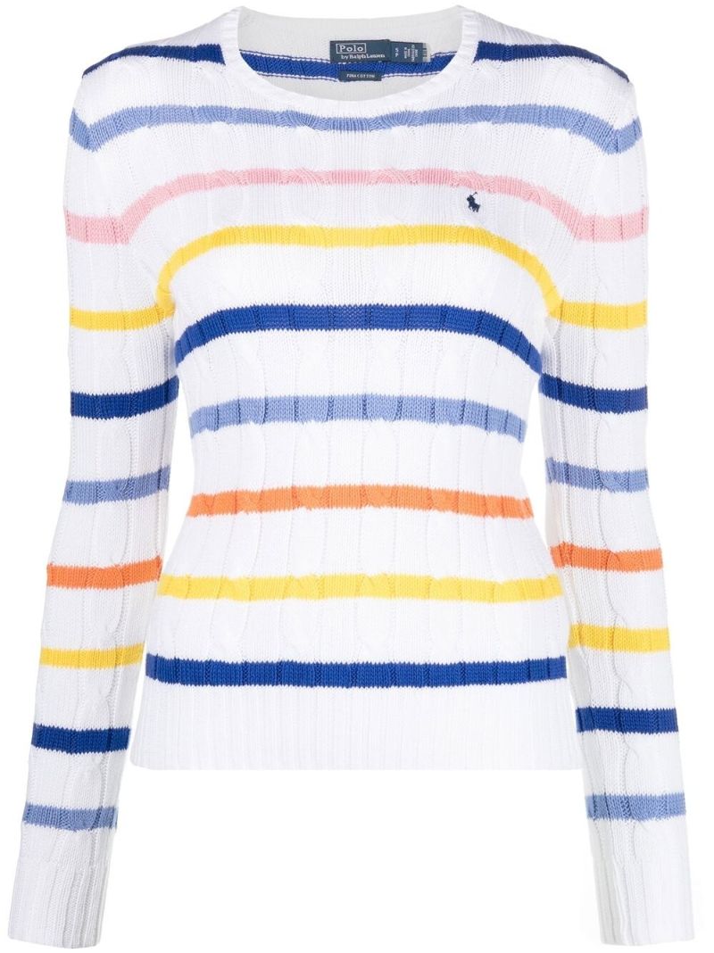 White Logo Embroidered Striped Jumper