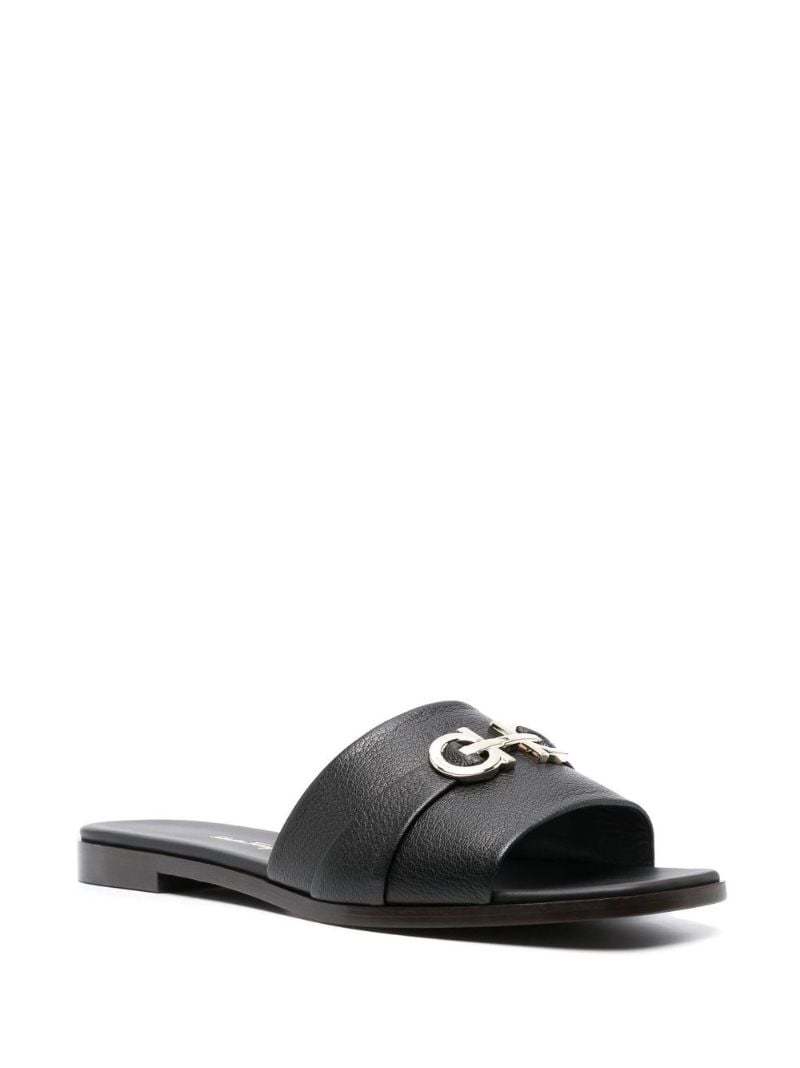 Black Gancini Plaque Leather Slip-on Sandals