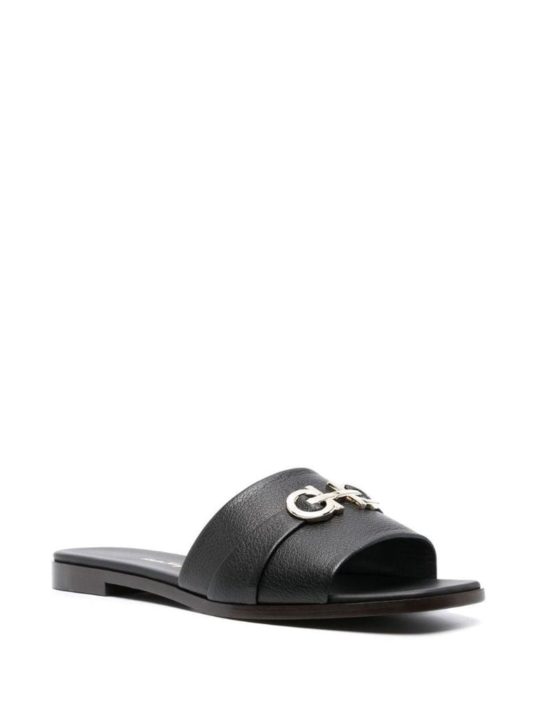 Black Gancini Plaque Leather Slip-on Sandals