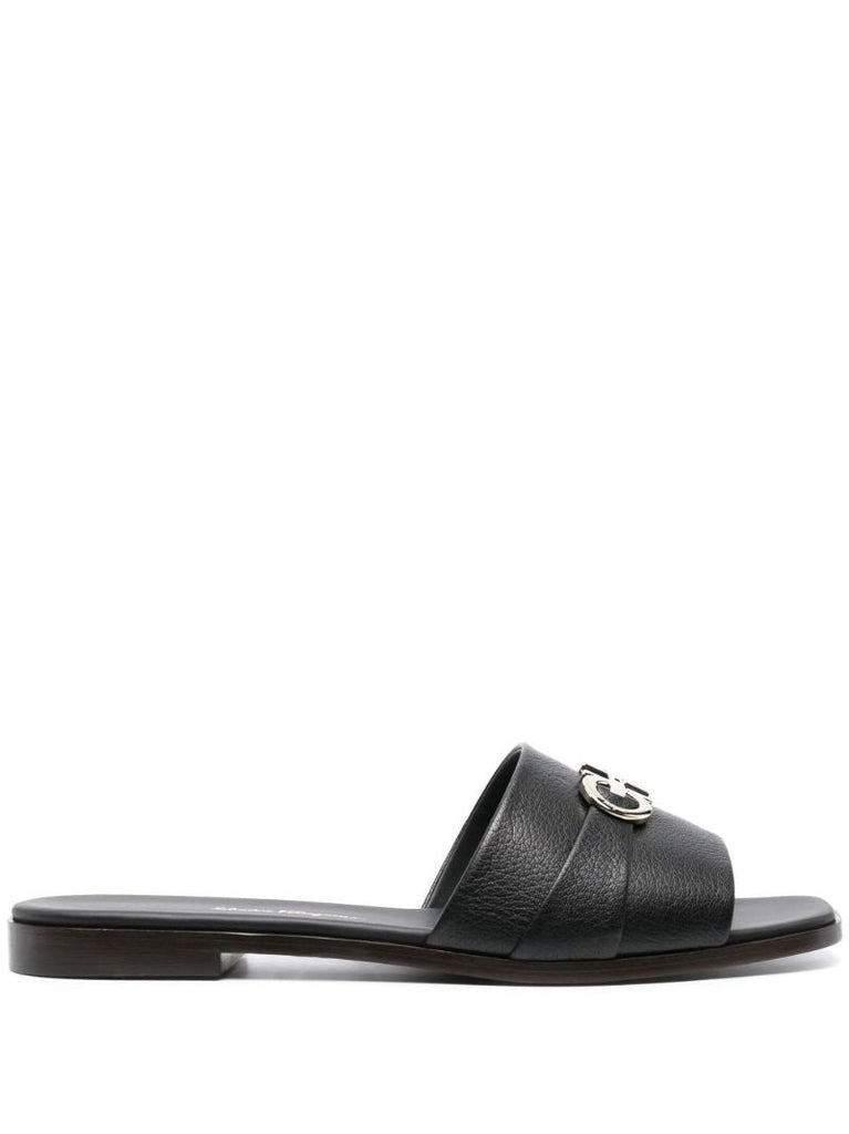 Black Gancini Plaque Leather Slip-on Sandals