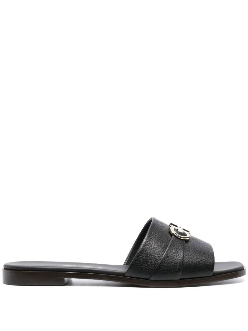Black Gancini Plaque Leather Slip-on Sandals