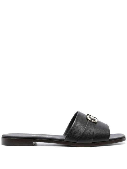 Black Gancini Plaque Leather Slip-on Sandals