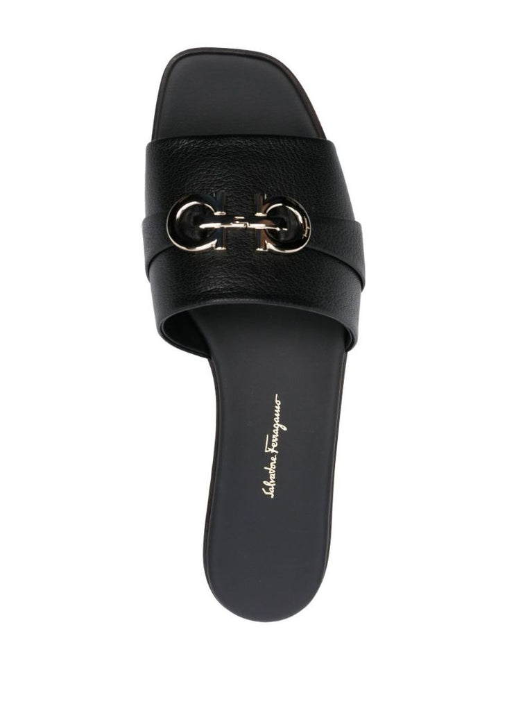 Black Gancini Plaque Leather Slip-on Sandals