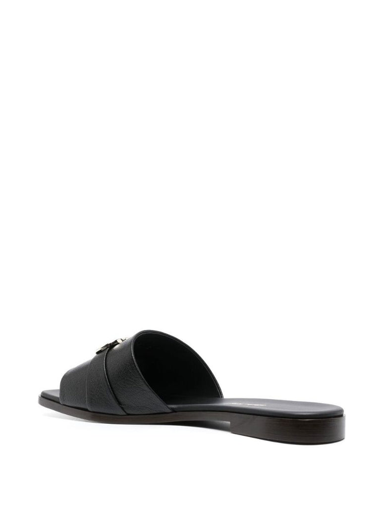Black Gancini Plaque Leather Slip-on Sandals