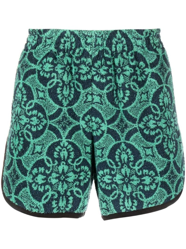 Green Patterned Jacquard Towels Track Shorts