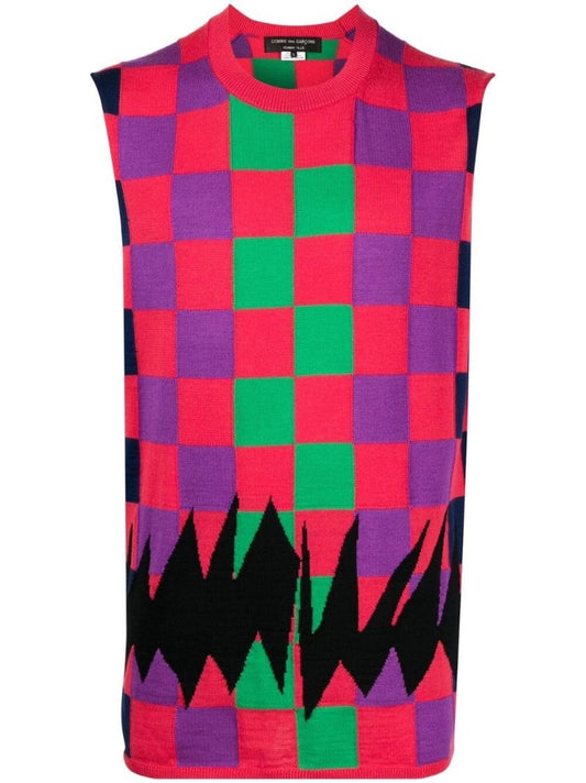 Pink Intarsia Checkerboard Knitted Top
