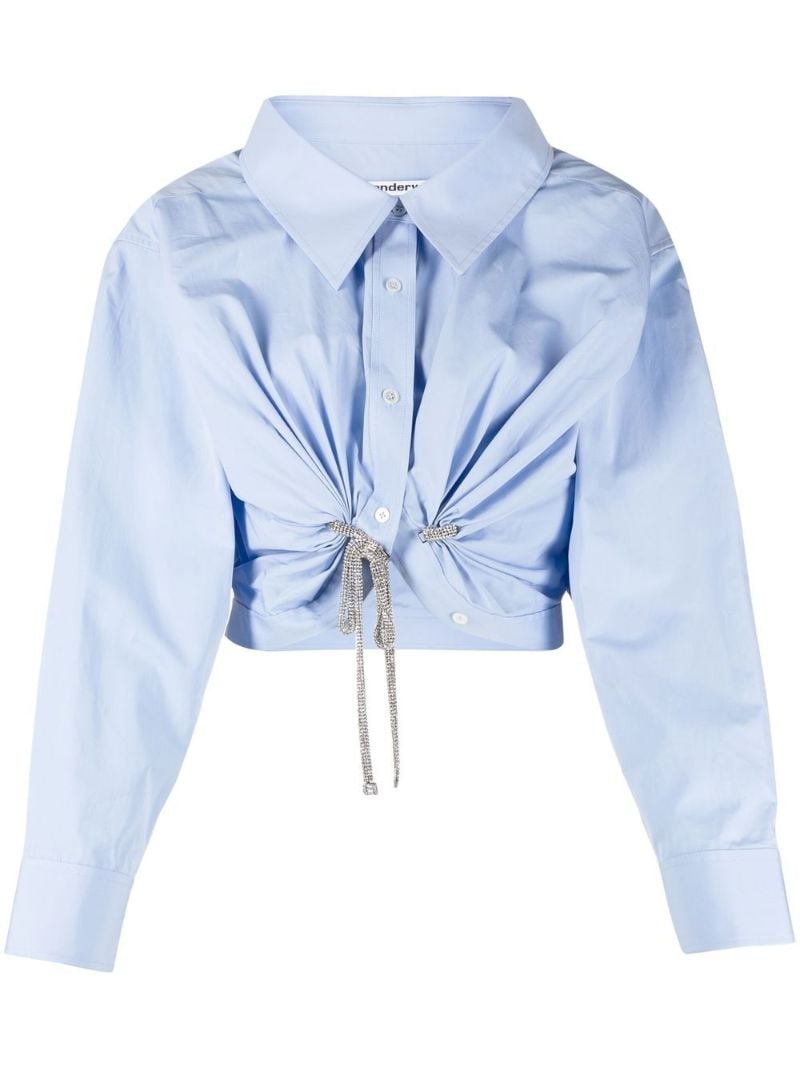 Blue Drawstring Gathered Cropped Shirt