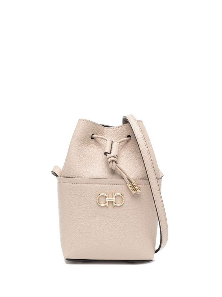 Beige Gancini Bucket Shoulder Bag