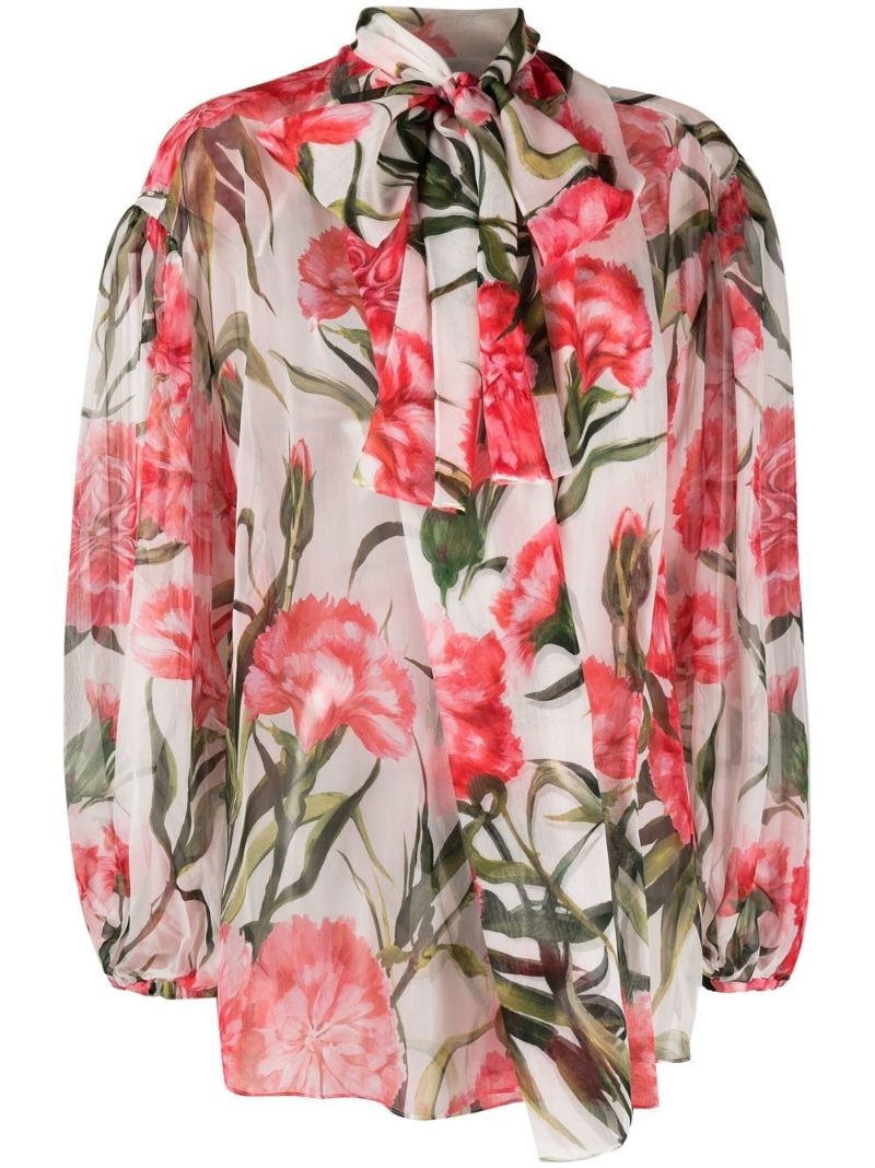 White and Pink Carnation Print Blouse