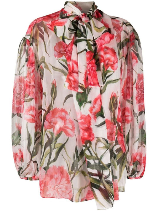 White and Pink Carnation Print Blouse