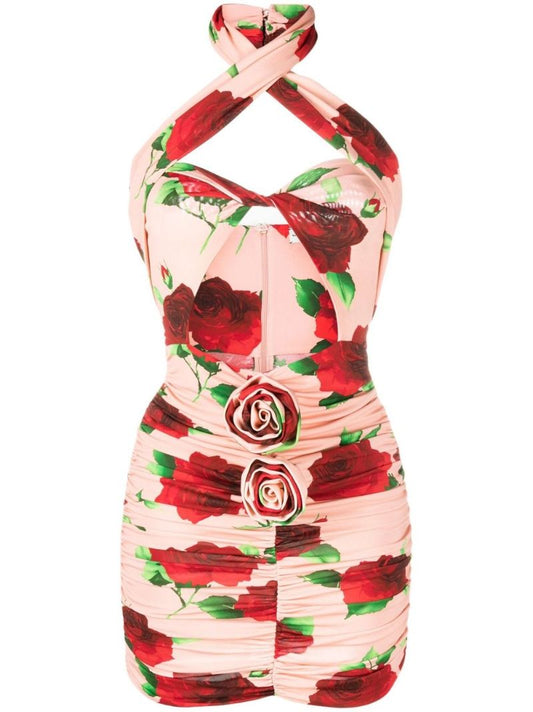 Pink Floral Print Ruched Mini Dress