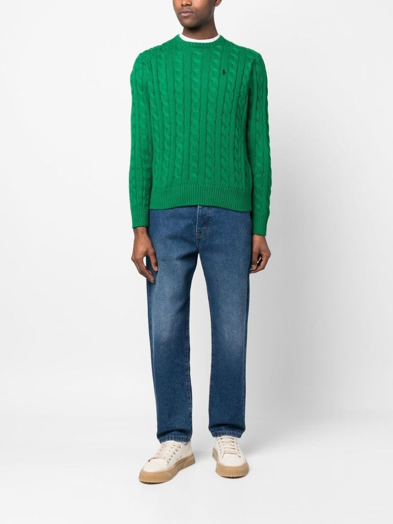 Green Logo Embroidered Cable Knit Sweater