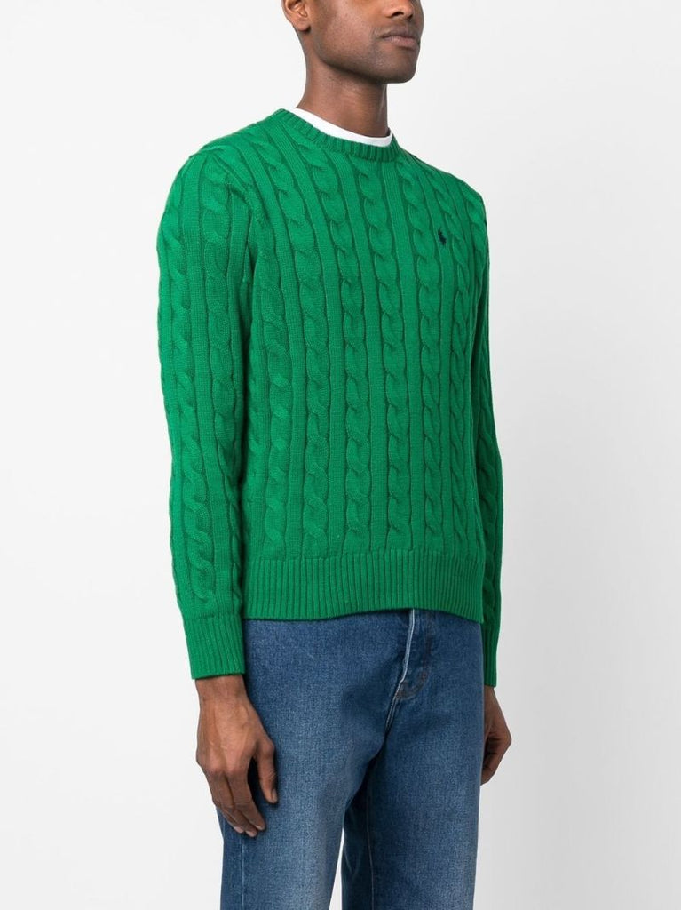 Green Logo Embroidered Cable Knit Sweater