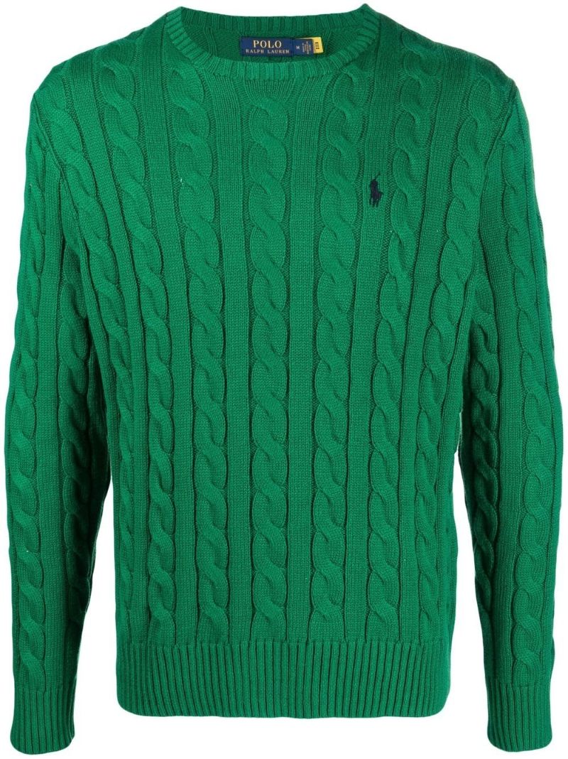 Green Logo Embroidered Cable Knit Sweater