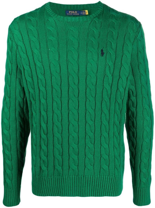 Green Logo Embroidered Cable Knit Sweater
