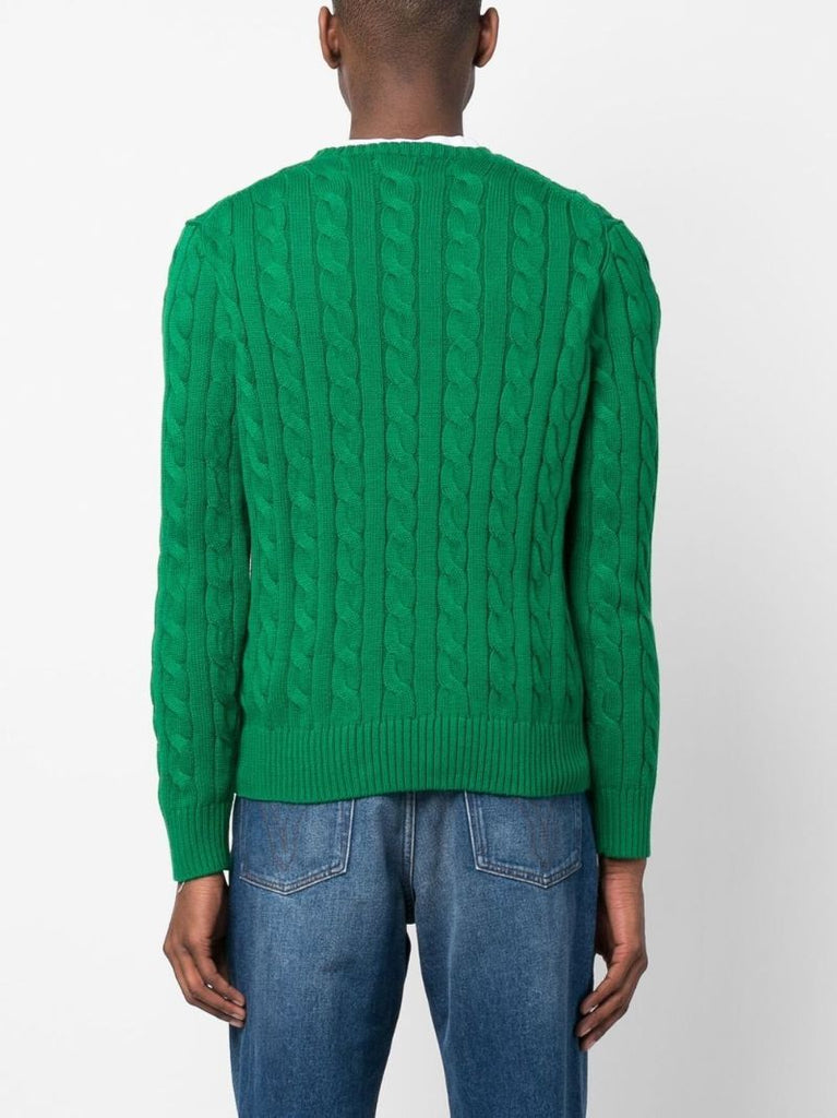 Green Logo Embroidered Cable Knit Sweater