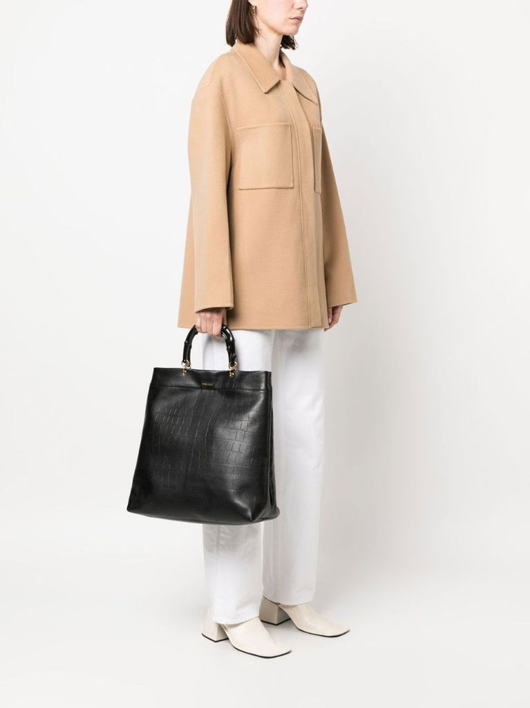 Black Mock Croc Leather Top Handle Bag