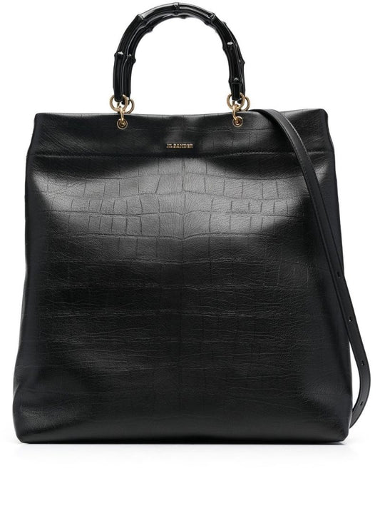 Black Mock Croc Leather Top Handle Bag