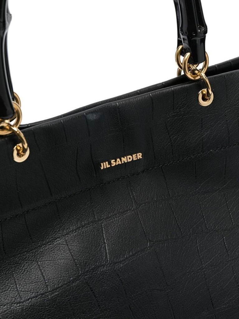Black Mock Croc Leather Top Handle Bag