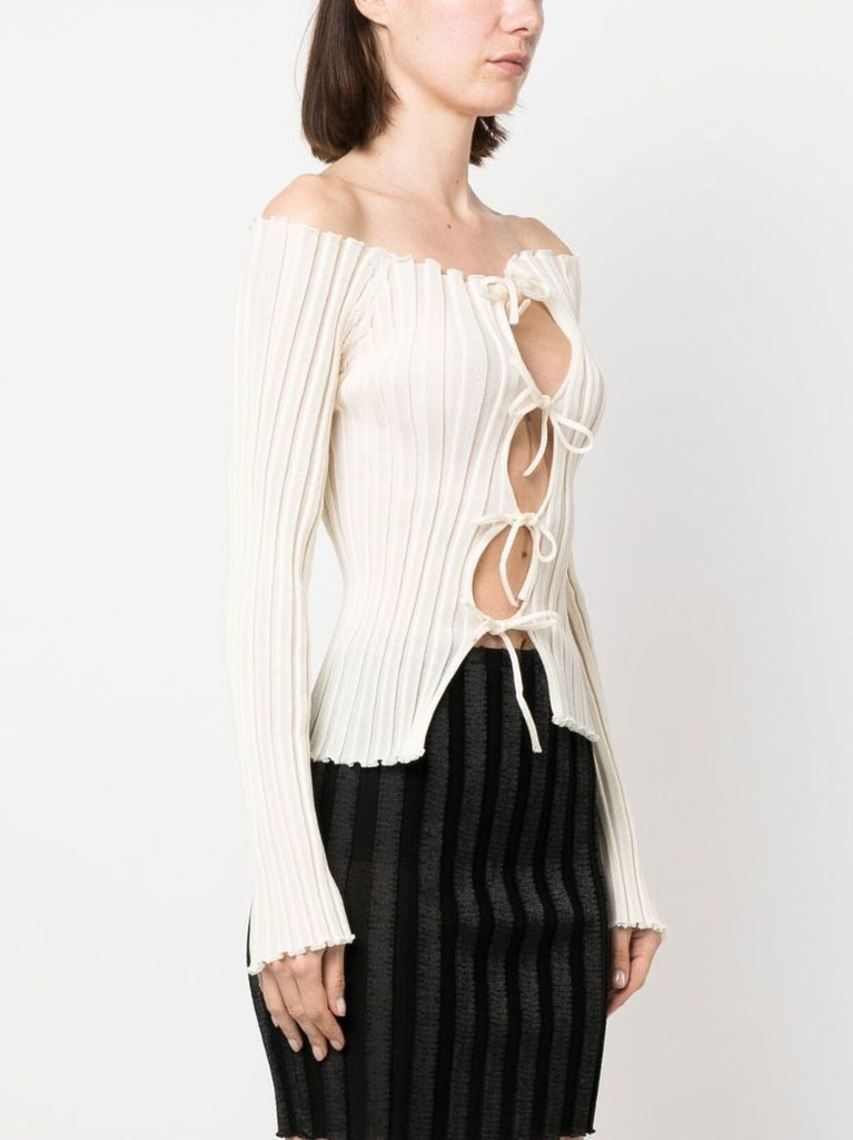 Neutral Ribbed Off-the-shoulder Top