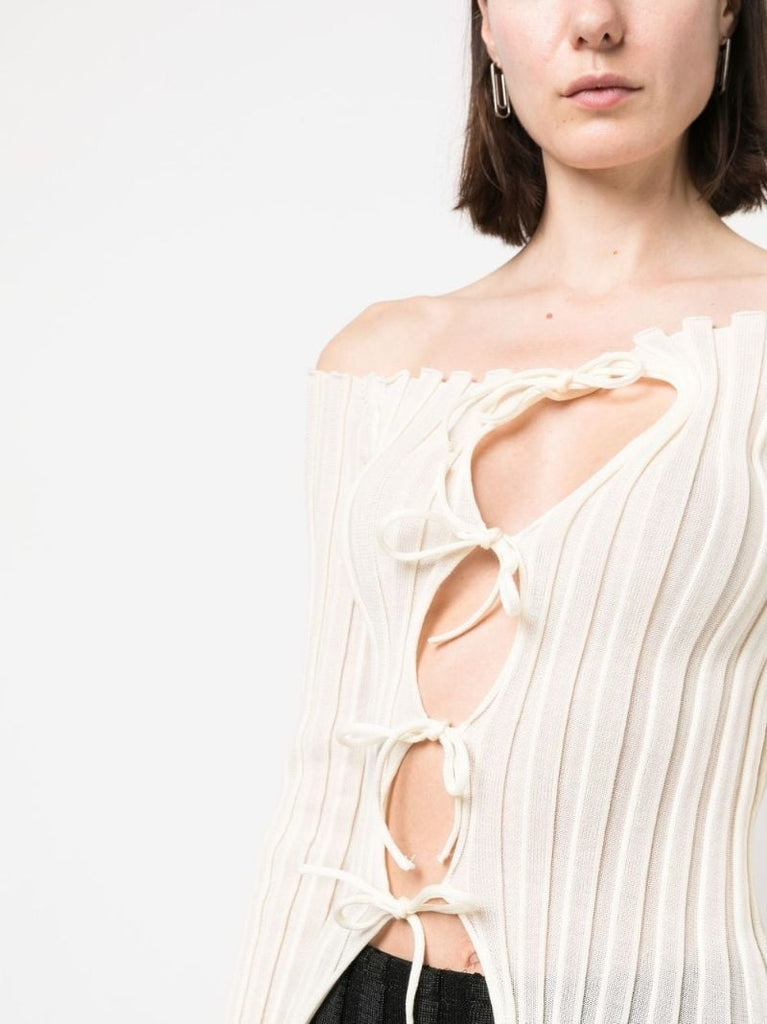 Neutral Ribbed Off-the-shoulder Top