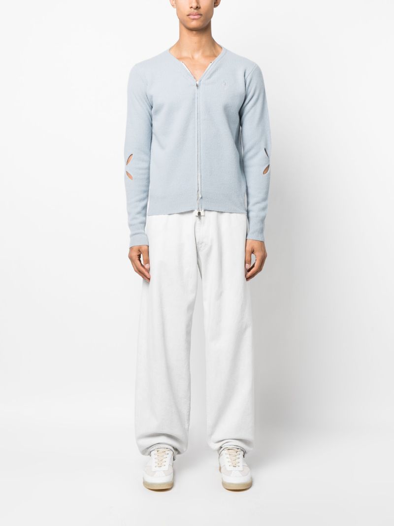 Blue Slashed Zip-up Wool Cardigan