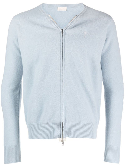 Blue Slashed Zip-up Wool Cardigan
