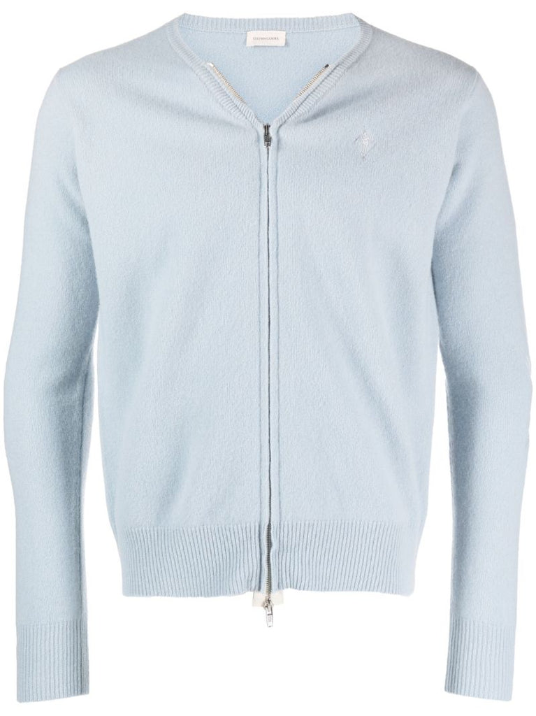 Blue Slashed Zip-up Wool Cardigan