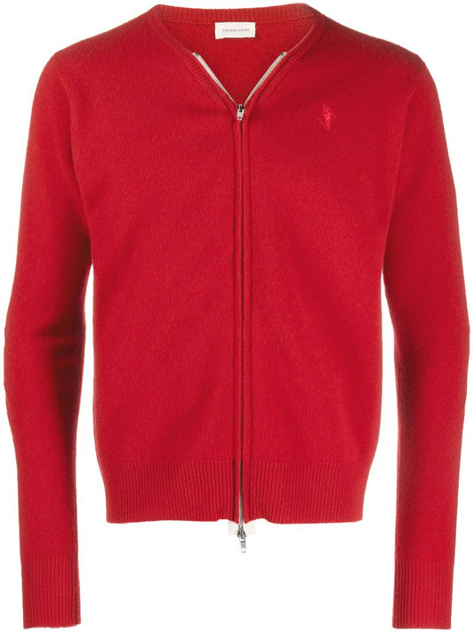 Red Slashed Cut-out Wool Cardigan
