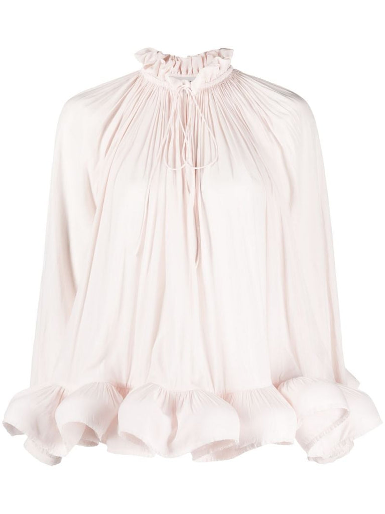 Pink Tie-neck Ruffle Blouse