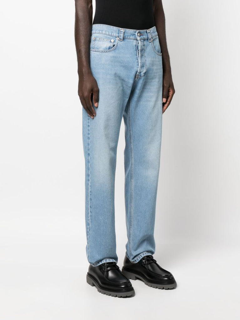 Blue Embroidered Straight-leg Jeans