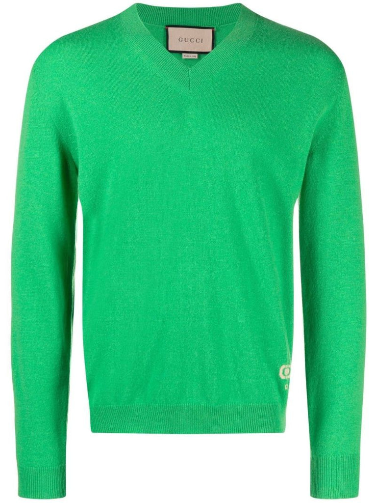 Green Cashmere V-neck Sweater
