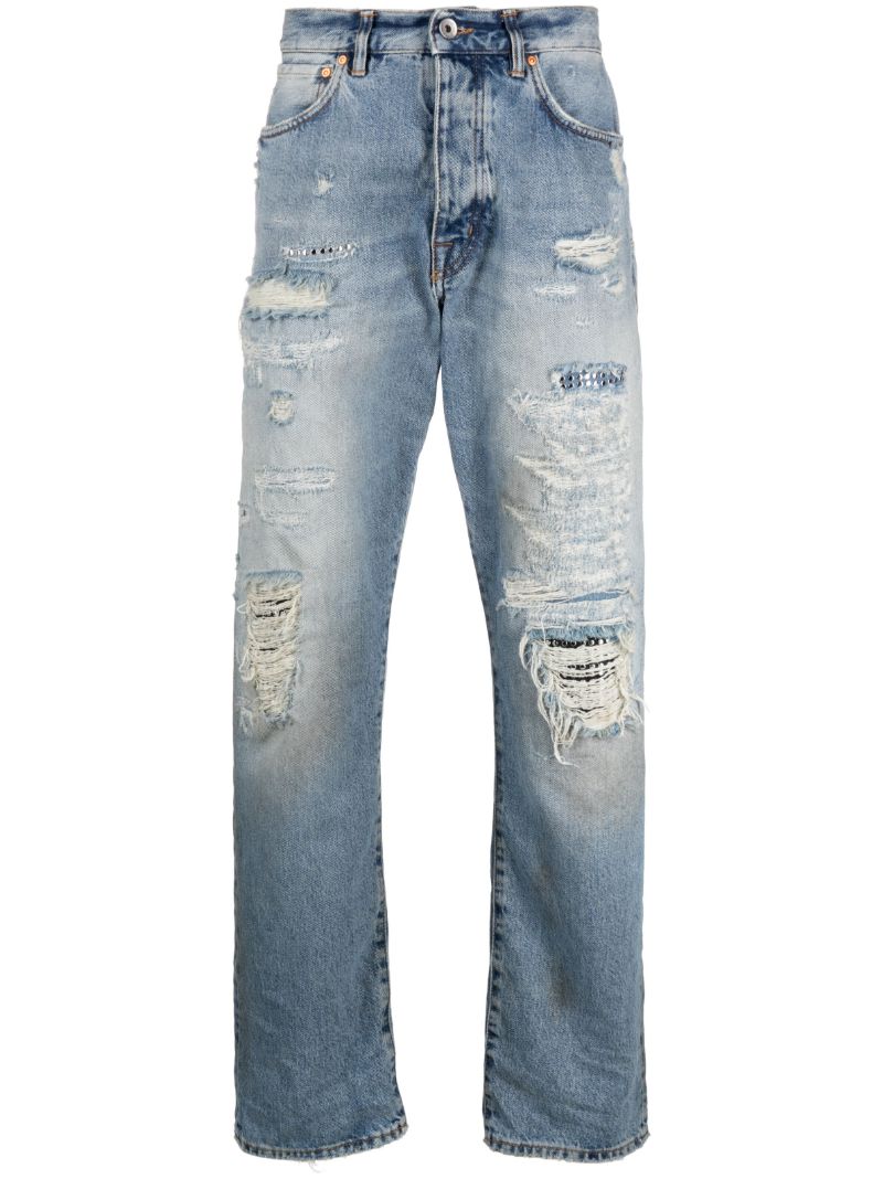 Blue Distressed Effect Straight-leg Jeans