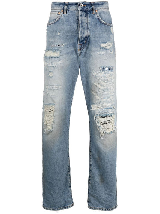Blue Distressed Effect Straight-leg Jeans