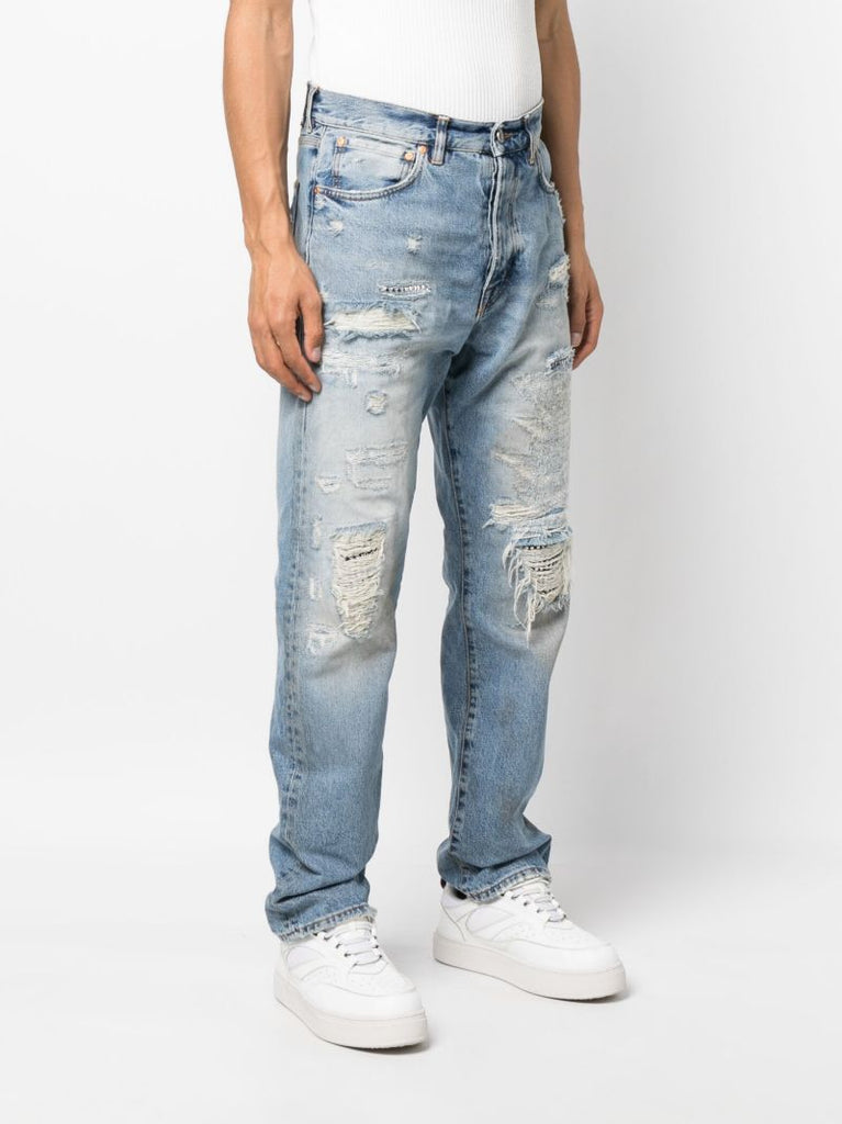 Blue Distressed Effect Straight-leg Jeans