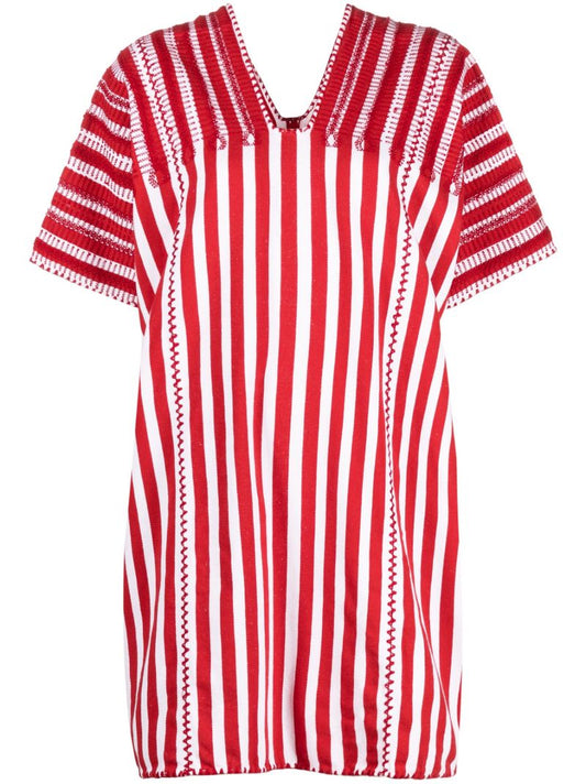 Red Embroidered Striped Kaftan Dress