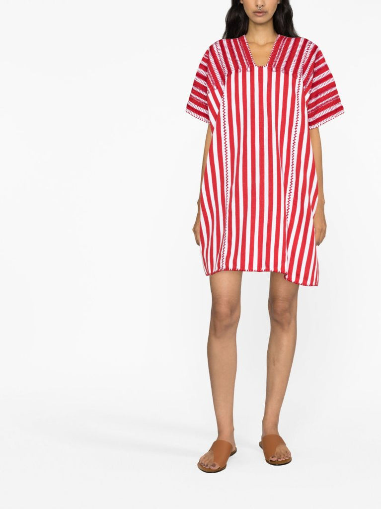 Red Embroidered Striped Kaftan Dress