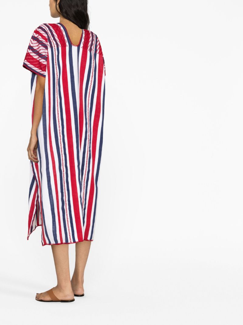 White Striped Embroidered Kaftan Midi Dress