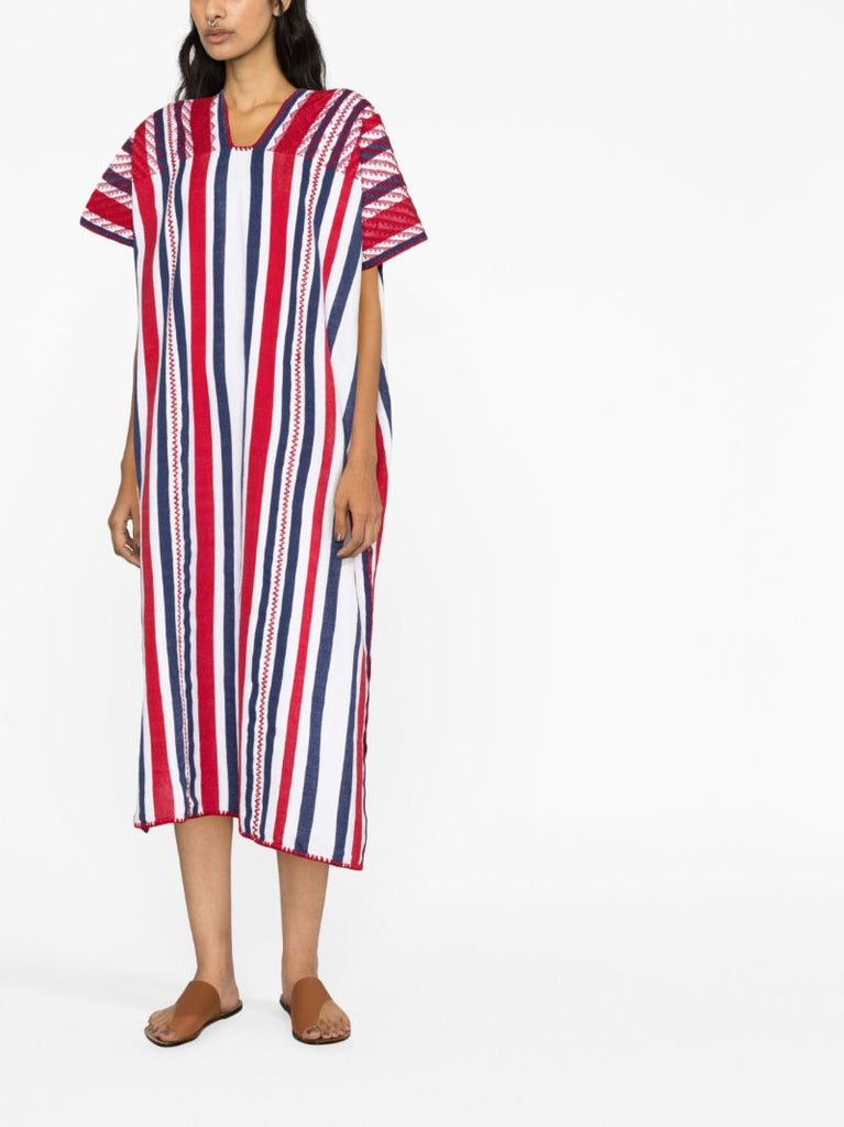 White Striped Embroidered Kaftan Midi Dress