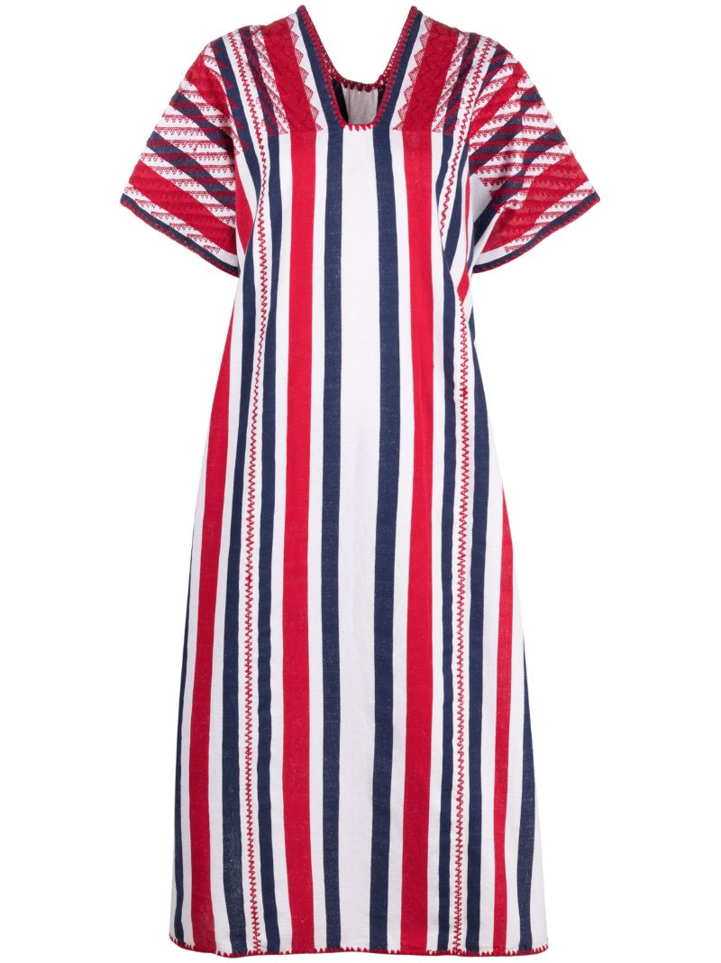 White Striped Embroidered Kaftan Midi Dress